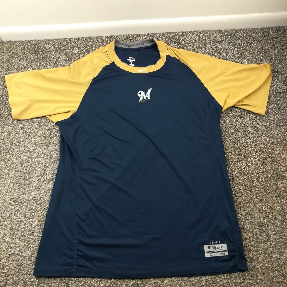 Team Issued Milwaukee Brewers Shirt Nike Center Swoosh Pro Combat Mens XL Fitted